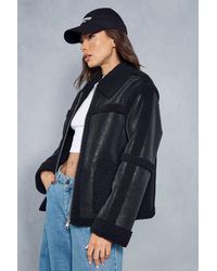 MissPap - Textured Leather Look Borg Zipped Jacket - Lyst