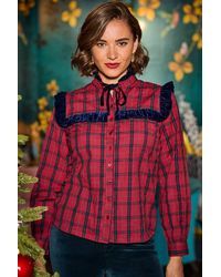 Joe Browns - Checked Tie Neck Blouse With Velvet Frill Detail - Lyst