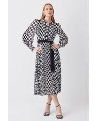 Karen Millen - Mono Geo Pleat Detail Belted Woven Maxi Dress - Lyst