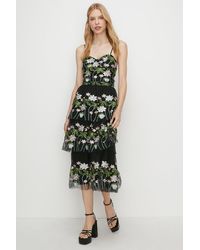 Oasis - Floral Embroidered Tiered Strappy Midi Dress - Lyst