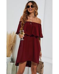 FS Collection - Bardot Frill Off Shoulder Mini Dress In Wine Red - Lyst