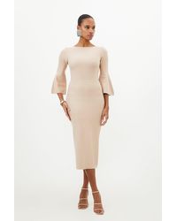 Karen Millen - Compact Wool Look Knit Midi Dress With Fluted Sleeve - Lyst