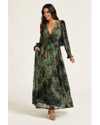 FS Collection - Deep V Neck Floral Velvet Devore Long Sleeve Maxi Dress - Lyst