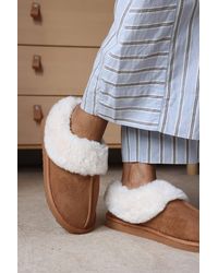 Where's That From - 'Qelora' Faux Suede Mule Slippers With Faux Fur Collar Trim - Lyst