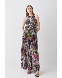 Karen Millen - Corset Detail Floral Pleated Halter Woven Maxi Dress - Lyst