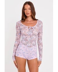 Public Desire - Long Sleeve Sheer Printed Floral Lace Scoop Neck Top - Lyst