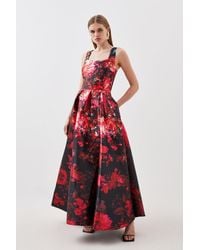 Karen Millen - Tall Floral Print Satin Twill Woven Strappy Maxi Prom Dress - Lyst