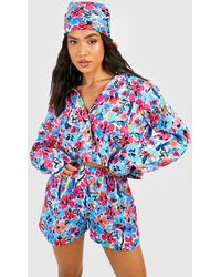 Boohoo - Petite Floral Shirt Headscarf And Short Two-piece - Lyst