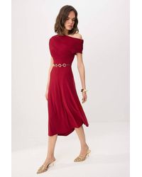 WOVCOR - Off Shoulder Ruched Sleeve Chain Belt Midi Party Dress - Lyst