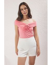 WOVCOR - Floral Detail Bardot Ruched Blouse Top - Lyst