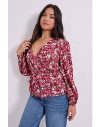 Dorothy Perkins - Petite Wrap Front Frill Detail Printed Blouse - Lyst