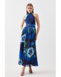Karen Millen - Tall Rose Print Pleated Maxi Dress - Lyst