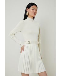 Karen Millen - Viscose Blend Knit Dress With Woven Pleated Skirt Pu Belt - Lyst