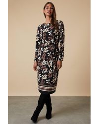 Wallis - Black Stencil Leaf Border Tie Waist Jersey Dress - Lyst