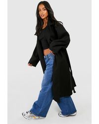 Boohoo - Petite Belted Button Through Wool Look Coat - Lyst
