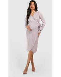 Boohoo - Maternity Plisse Wrap Belted Midi Dress - Lyst