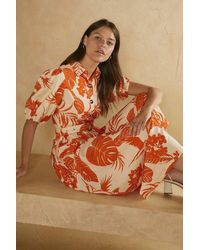Oasis - Tropical Printed Puff Sleeve Linen Look Dress - Lyst
