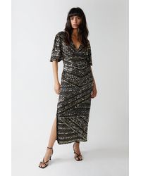 Warehouse - Mixed Sequin V Plunge Midi Dress - Lyst