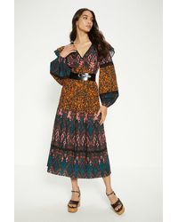 Oasis - Petite Patched Animal Aztec Ruffle Trim Detailed Midi Dress - Lyst