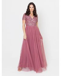 Maya Deluxe - Short Sleeve V Neck Embellished Maxi Dress - Lyst