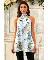 FS Collection - Floral Print Halter Neck Tie Back Top In Grey Blue - Lyst