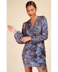 Little Mistress - Snake Satin Draped Frill Mini Dress - Lyst