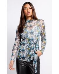 Little Mistress - Printed Mesh Draped Top - Lyst