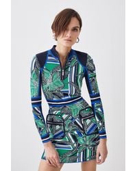 Karen Millen - Stripe Floral Abstract Jacquard Knit Zip Neck Mini Dress - Lyst