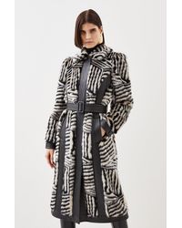 Karen Millen - Faux Fur Pu Panelled Stripe Belted Coat - Lyst