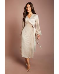 Coast - Metallic Blouson Sleeve Tie Wrap Pleated Midi Dress - Lyst