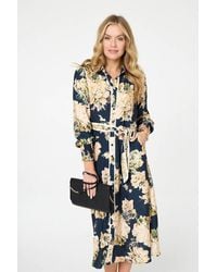 Izabel London - Floral Print Tie Waist Midi Shirt Dress - Lyst
