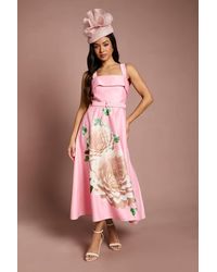 Coast - Petite Lisa Tan Floral Placement Print Belted Midi Dress - Lyst