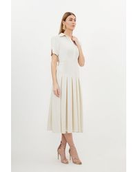 Karen Millen - Petite Tailored Crepe Short Sleeve Pleated Midi Dress - Lyst