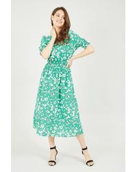 Yumi' - Green Floral Puff Sleeve Ruched Waist Midi Dress - Lyst