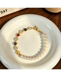 Peach Accessories - Tone Heart & Square Gem Pearl Beaded Bracelet - Lyst