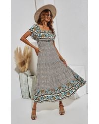 FS Collection - Off Shoulder Hem Detail Floral Print Midi Dress In Beige - Lyst