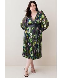 Karen Millen - Plus Size Floral Pleated Pu Woven Maxi Dress - Lyst
