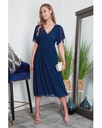 Double Second - Pleated Tulle V-neck Angel Sleeve Midi Dress - Lyst