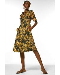 Karen Millen - Leaf Print Linen Viscose Woven Midi Shirt Dress - Lyst