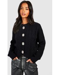 Boohoo - Petite Crystal Button Cable Knit Cardigan - Lyst