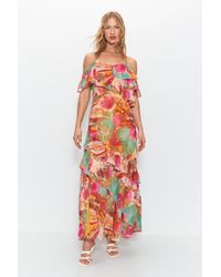 Warehouse - Floral Printed Ruffle Frill Detail Maxi Dress - Lyst