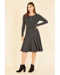 Yumi' - Grey Knitted Pleated Skater Dress With Zip - Lyst