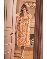 Izabel London - Leaf Print Short Puff Sleeve Midi Dress - Lyst