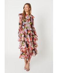 Coast - Printed Tiered Skirt Long Sleeve Midi Dress - Lyst