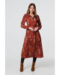 Izabel London - Leaf Print Tie Waist Midi Shirt Dress - Lyst
