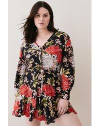 Karen Millen - Plus Size Floral Printed Wrap Woven Mini Dress - Lyst