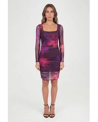 Roselle - Ruched Mesh Square Neck Long Sleeve Bodycon Mini Dress - Lyst