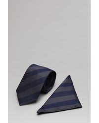 Burton - Navy And Grey Wide Stripe Tie And Pocket Square Set - Lyst