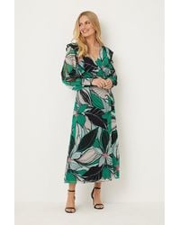 Wallis - Petite Green Floral Ruffle Front Wrap Midi Dress - Lyst