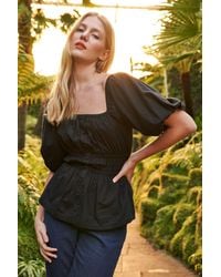 ANOTHER SUNDAY - Puff Sleeve Top With Shirred Waist And Button Detail In Black - Lyst